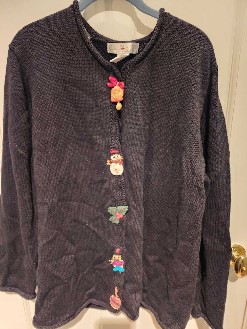 Vintage Navy Knit Cardigan with Holiday Embroidered Buttons
